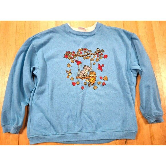 Vintage Basic Editions Sweatshirt Cats Birds Graphic Teal Blue Women's Large L - Picture 1 of 7